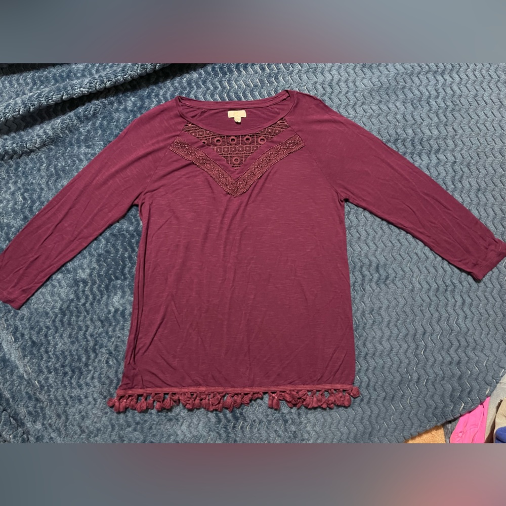Charming Charlie Plum Tassel 3/4 Sleeve Blouse